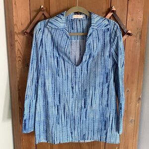 Tory Burch blue watercolor grid V-neck long sleeve tunic blouse